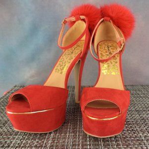 Red & Gold 5" peep-toe stiletto w/ ankle strap and back side POOF.